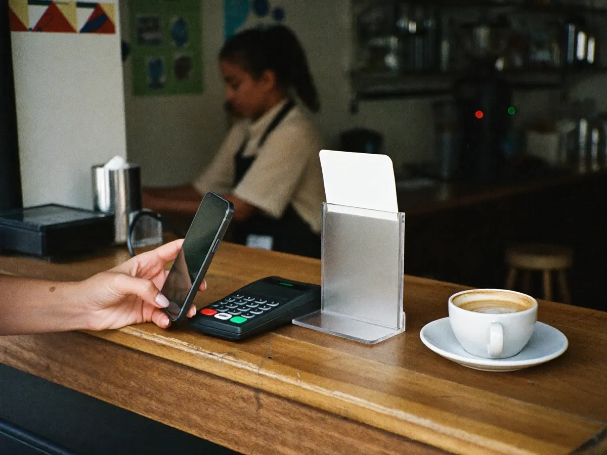 Una clienta acerca su celular al mostrador de un café