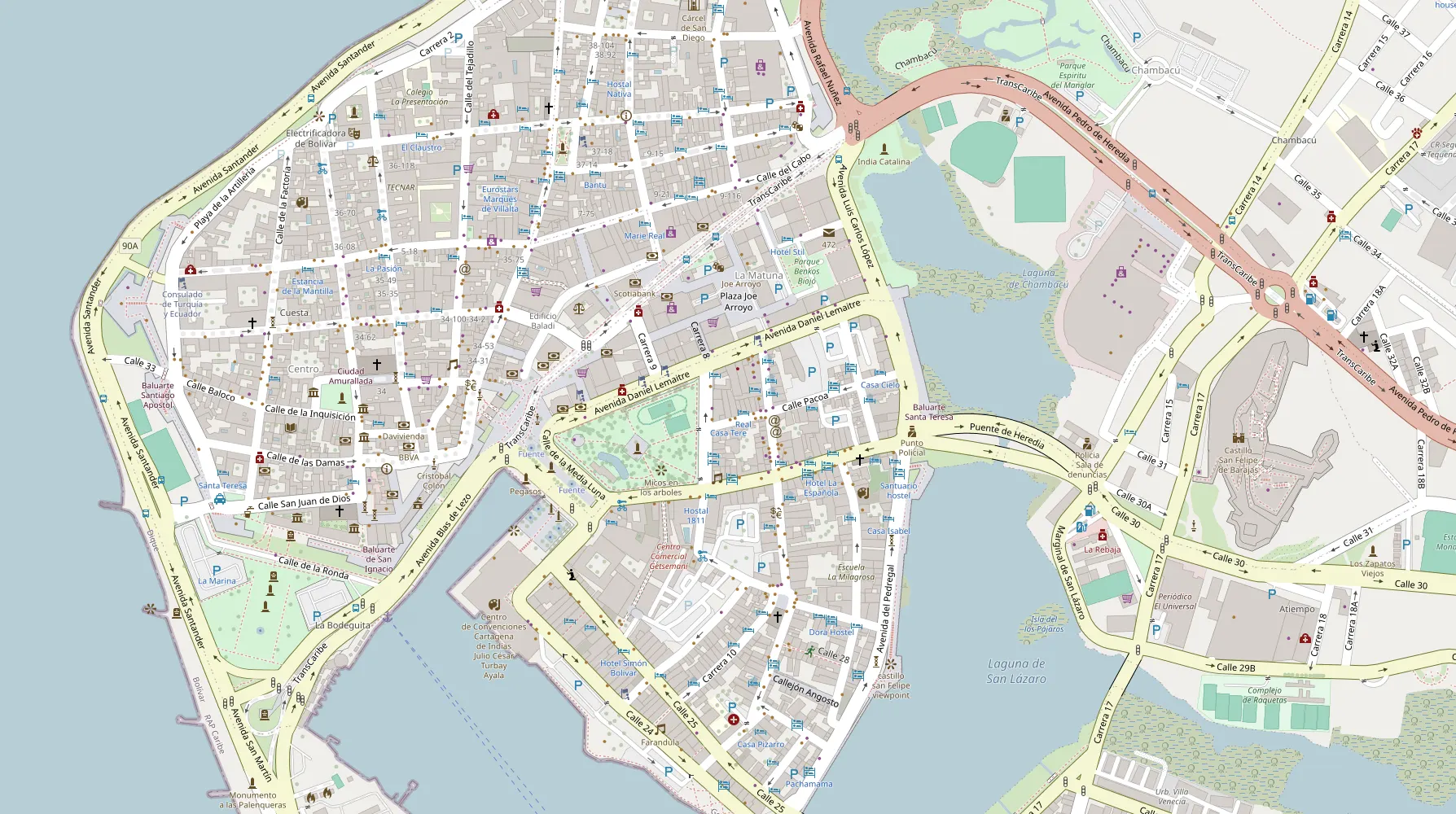 Mapa del Centro de Cartagena con 10 puntos marcados alrededor de un local